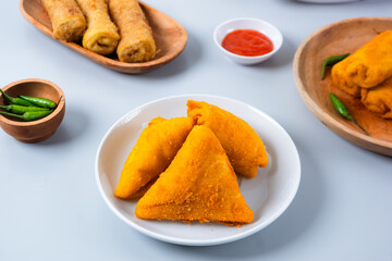 Risol or rissoles. served with chili sauce or chili. perfect for recipe, article, catalogue, promotion, or any cooking contents. with copy space.