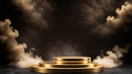 The product display podium is golden black with fog and luxurious decoration.