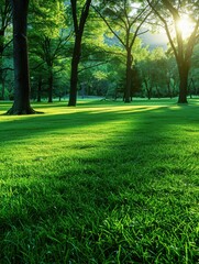 Obraz premium Sunlight filtering through trees onto a grassy park creating a peaceful setting