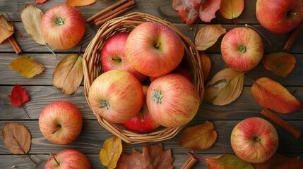 Freshly Picked Red Apples in Wicker Basket with Fall Leaves and Cinnamon