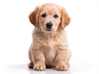 Fototapeta premium Adorable golden retriever puppy sitting on a plain white background, looking directly at the camera with an innocent and curious expression.