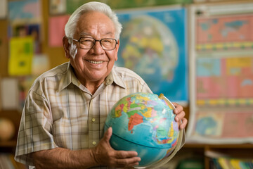 In a classroom, an elderly teacher with glasses smiles, holding a globe and standing by maps. This image represents knowledge, wisdom, and academic guidance