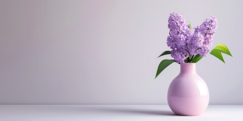 A delicate lilac flower arrangement in a pink vase against a light background