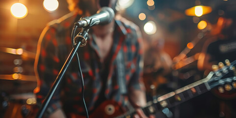 Close-up view of microphone stand with blurred singer in background, capturing live performance energy