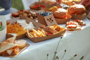 Close up view of bunch of tasty food in eco boxes, picnic time
