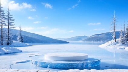 marble podium for product presentation and display with a backdrop of lakes and icebergs in winter.