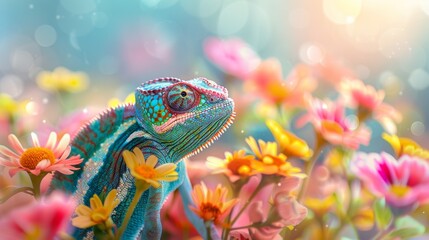 Colorful chameleon blending into a vibrant field of flowers with a dreamy, bokeh background, showcasing nature's beauty and adaptation.