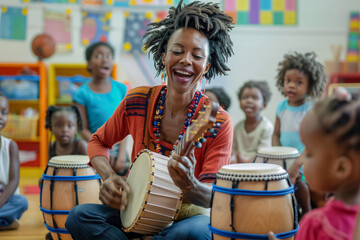 The teacher, with a musical instrument, creates a dynamic and engaging classroom environment where happy children enthusiastically participate