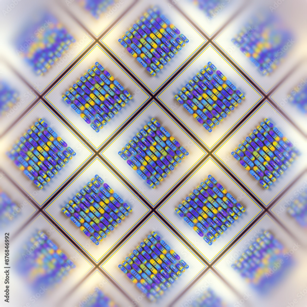 Poster Illustration of groups of multicolored capsules arranged in a grid pattern. 3d rendering