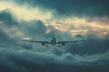 A large jet plane is flying through a cloudy sky