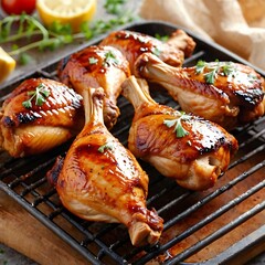 Naklejka premium Spicy grilled chicken legs or drumsticks with herbs, spices and vegetables