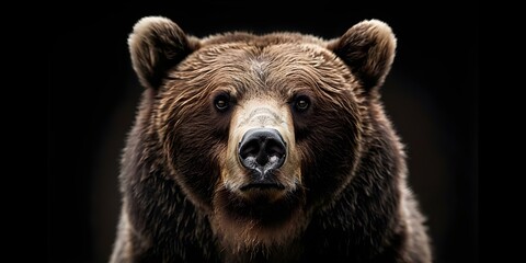 Obraz premium Digital art of a Kamchatka brown bear facing forward against a black background. Concept Wildlife Art, Kamchatka Bear, Digital Painting, Animal Portrait, Black Background