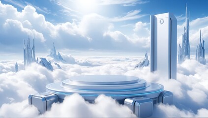 Empty product display marble podium with stunning backdrop of mountains and sea of ​​clouds.