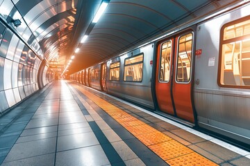 A sleek and modern subway station with a train parked at the platform, its doors wide open, bathed in warm lighting and reflecting off the shiny tiled floor.
