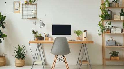 A simple wooden desk with a grey chair in front, against a white wall background. On the table is a computer monitor and office supplies