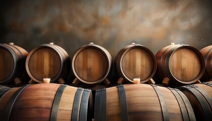 The image captures an arrangement of wooden barrels set against a textured wall, emphasizing the rustic and robust character ideal for aging fine spirits and liquids.