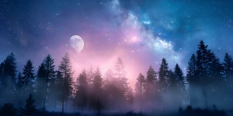 Fototapeta premium Enchanting Forest Scene Rainbow Aurora Borealis, Stars, and Moon. Concept Enchanting Forest Scene, Rainbow, Aurora Borealis, Stars, Moon