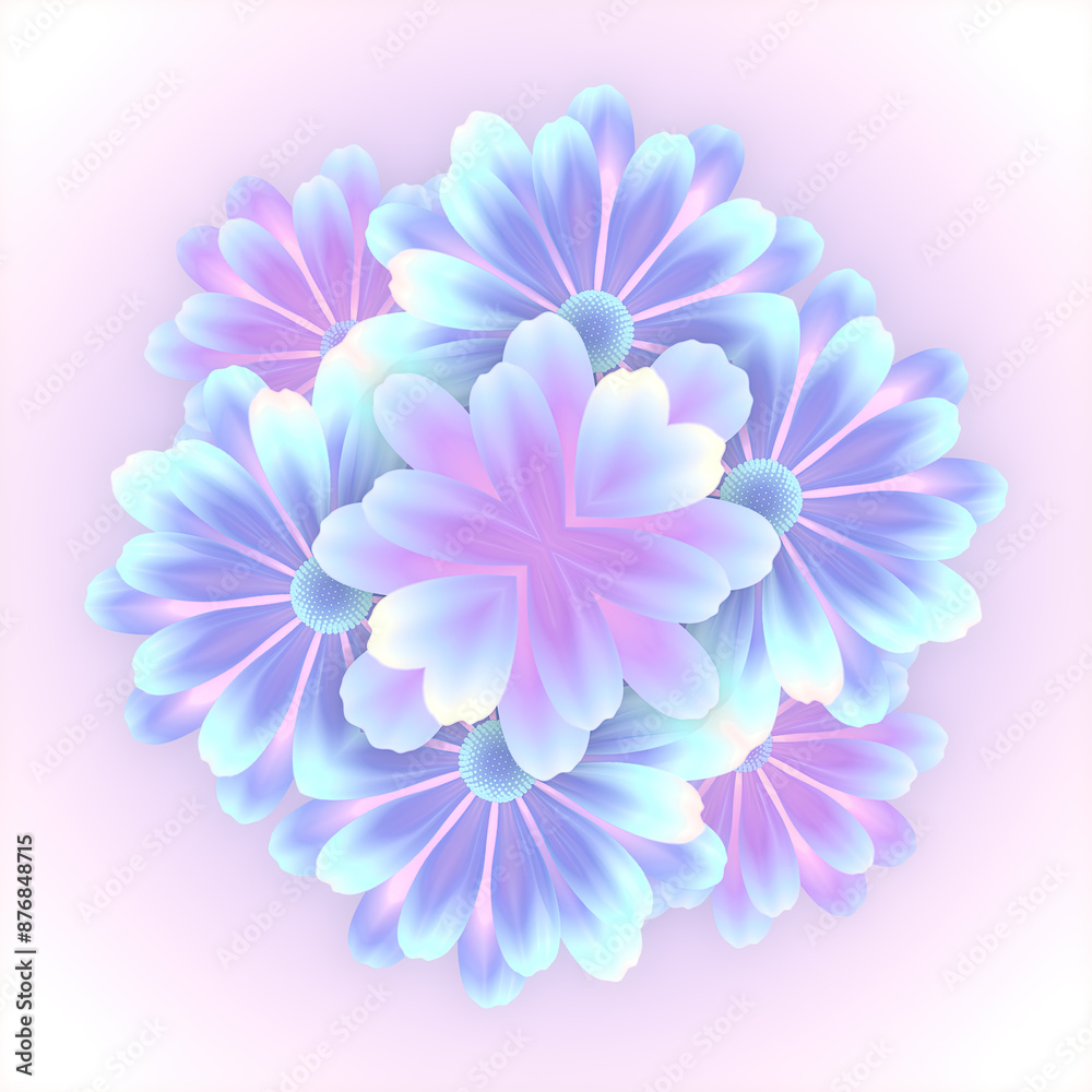 Poster a symmetrical arrangement of flowers in a soft pastel palette of pinks and purples. 3d rendering dig