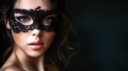 Fototapeta premium Portrait of a woman wearing an intricate black lace eye mask, looking directly at the camera with a dark background.