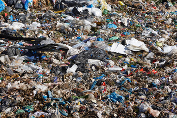 Open air garbage dump. Plastic waste pollution. Global warming. Climate