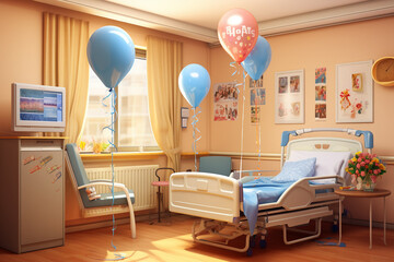 Hospital room decorated for a retirement party, colorful balloons and banners, warm lighting, realistic style, high detail.