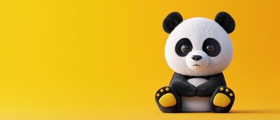 Obraz premium Adorable Cartoon Panda on Vibrant Yellow Background Digital Illustration , rule of thirds composition shot, minimalistic flat illustration on a clean white backdrop