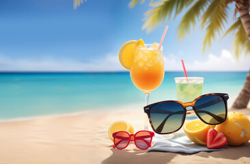 Summer background with juice, sunglasses and fruits on the beach