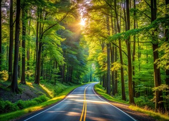 Obraz premium Winding asphalt road surrounded by lush vibrant green woods and tall trees, leading to a serene horizon on a warm sunny summer day.