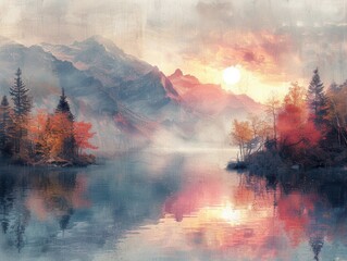 Stunning watercolor painting of a tranquil mountain lake at sunset with mist, featuring autumn foliage and calm reflective waters.