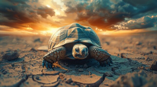 Tortoise crawling on cracked desert ground with dramatic sunset sky in the background, symbolizing perseverance and endurance in tough conditions.