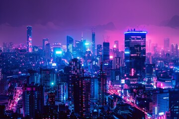 Fototapeta premium Fluorescent pink and blue cyberpunk city skyline illuminated by holographic billboards and neon signs, Generative AI