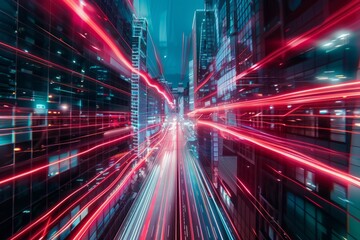 Obraz premium Fluorescent red and cyan light trails weaving through a dense, futuristic metropolis, Generative AI