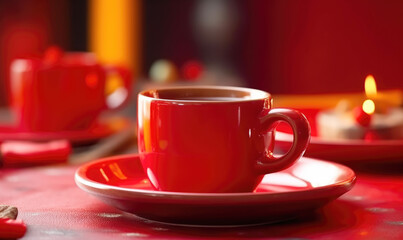 Obraz premium generated illustration Red cup of hot coffee on red background