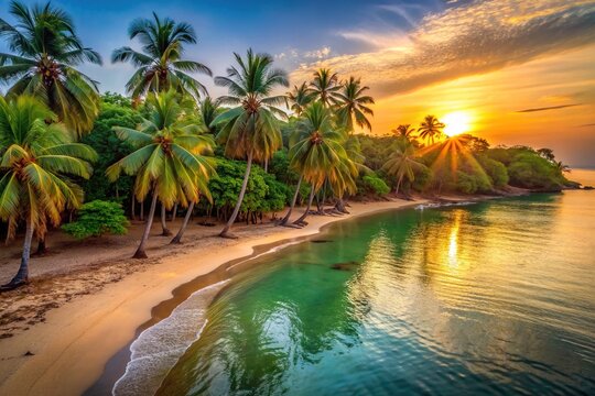Warm golden light of sunset illuminates tranquil turquoise waters and powdery white sand beach, surrounded by lush green palm trees on Bijagos island, Guinea Bissau.