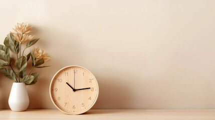 Minimalist interior with a clock and a vase with dried flowers on a wooden shelf