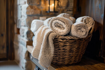 Obraz premium A basket full of white towels sits on a wooden shelf