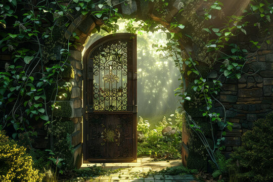 A gate with a wooden door is open in a lush green garden