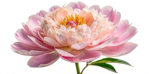 Fototapeta premium Delicate fully bloomed light pink peony flower with intricate petals and vibrant center isolated on white background in tender close-up photography.