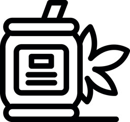Line art icon of a can with straw next to a cannabis leaf representing a cbd infused beverage