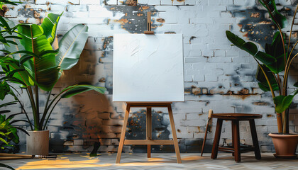 Simple studio with blank canvas on easel, white brick wall, soft lighting