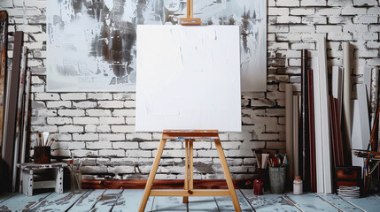 Simple studio with blank canvas on easel, white brick wall, soft lighting