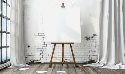 Simple studio with blank canvas on easel, white brick wall, soft lighting