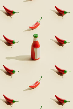 Hot sauce bottle among red chili peppers