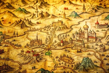 Fototapeta premium Yellowed parchment map with faded ink illustrations of medieval towns, rivers, and mountains, worn edges and creases, classic navigation tool of centuries past.