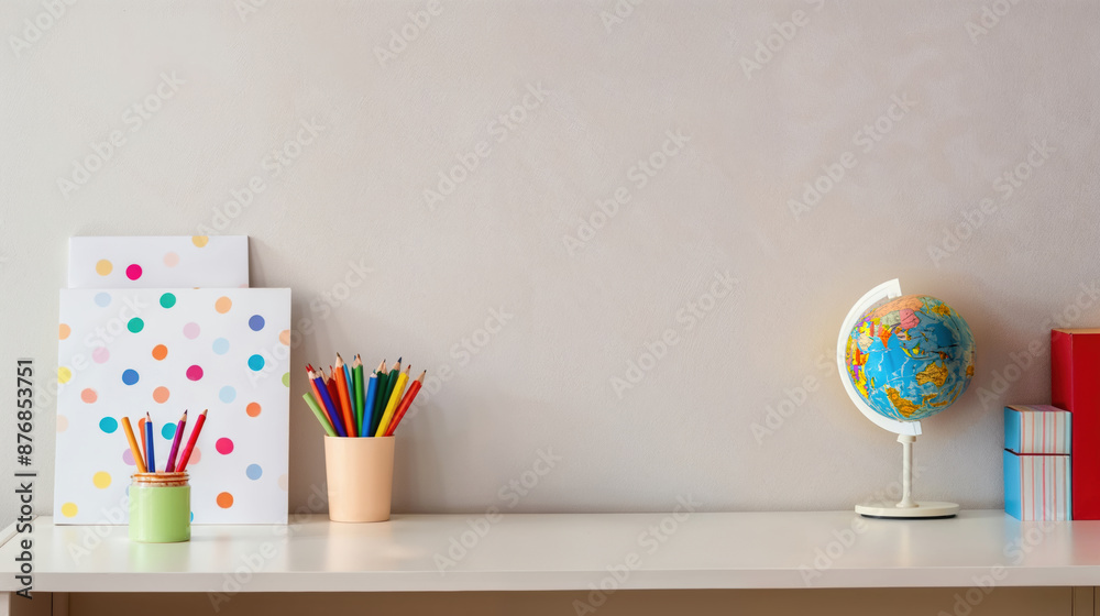 Poster Colorful pencils, notebooks and globe standing on white desk against empty wall with copy space