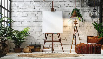 Simple studio with blank canvas on easel, white brick wall, soft lighting