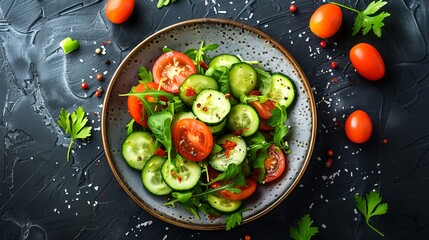 Fresh vegetable salad with tomatoes, cucumbers, and greens in a rustic bowl on a dark background. Healthy eating concept. Vibrant colors and crisp textures. 