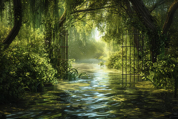 Obraz premium A lush green forest with a small stream running through it