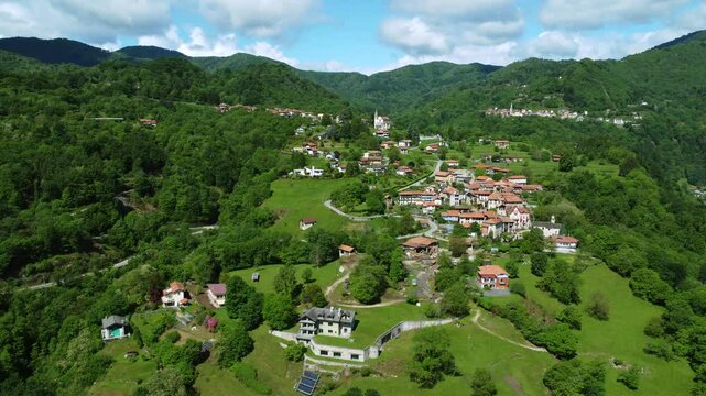 Hilly landscape of Pella village, Piedmont region of Italy. Aerial drone panoramic view