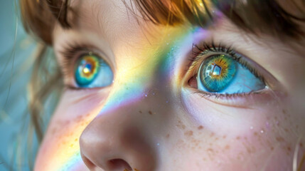 A young girl with blue eyes looking at a rainbow